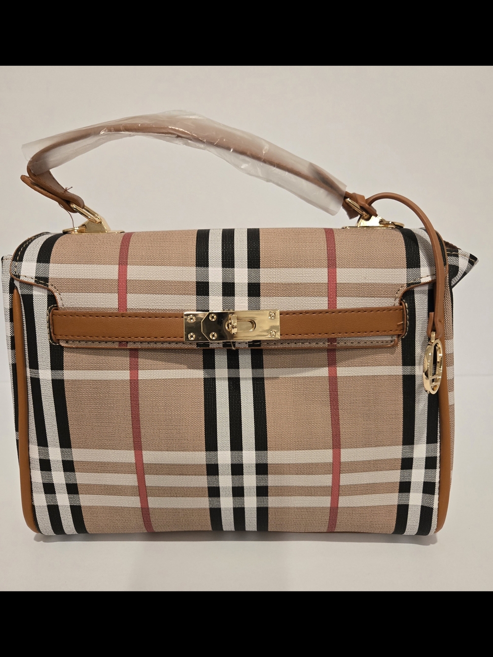 Beige Plaid Top-Handle Women’s Bag with Gold Hardware